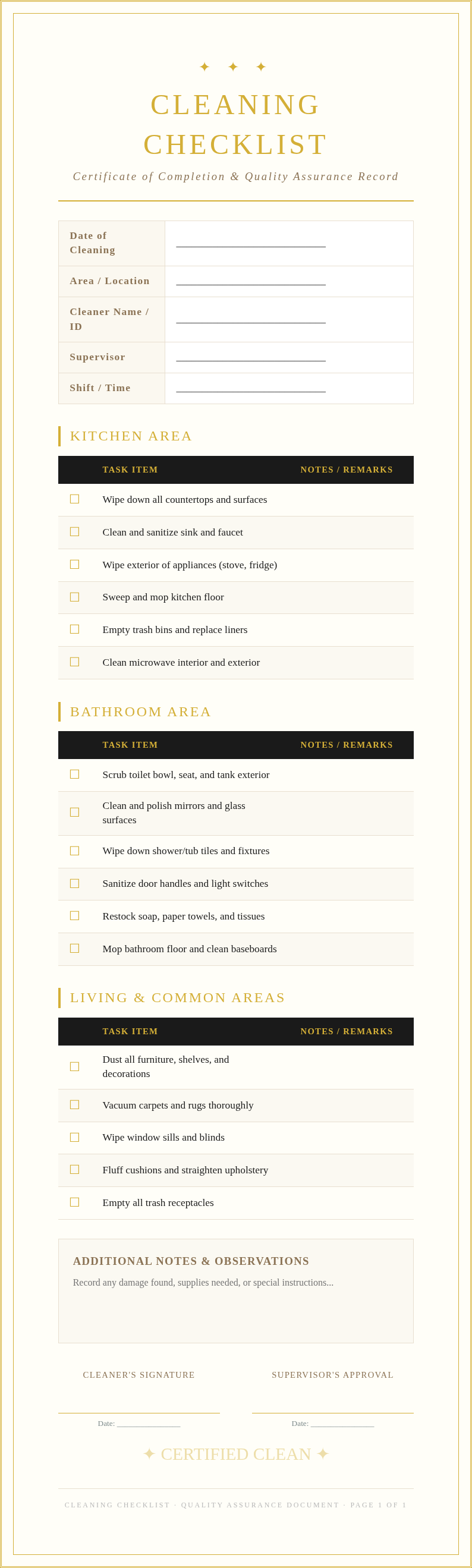 Certificate award cleaning checklist